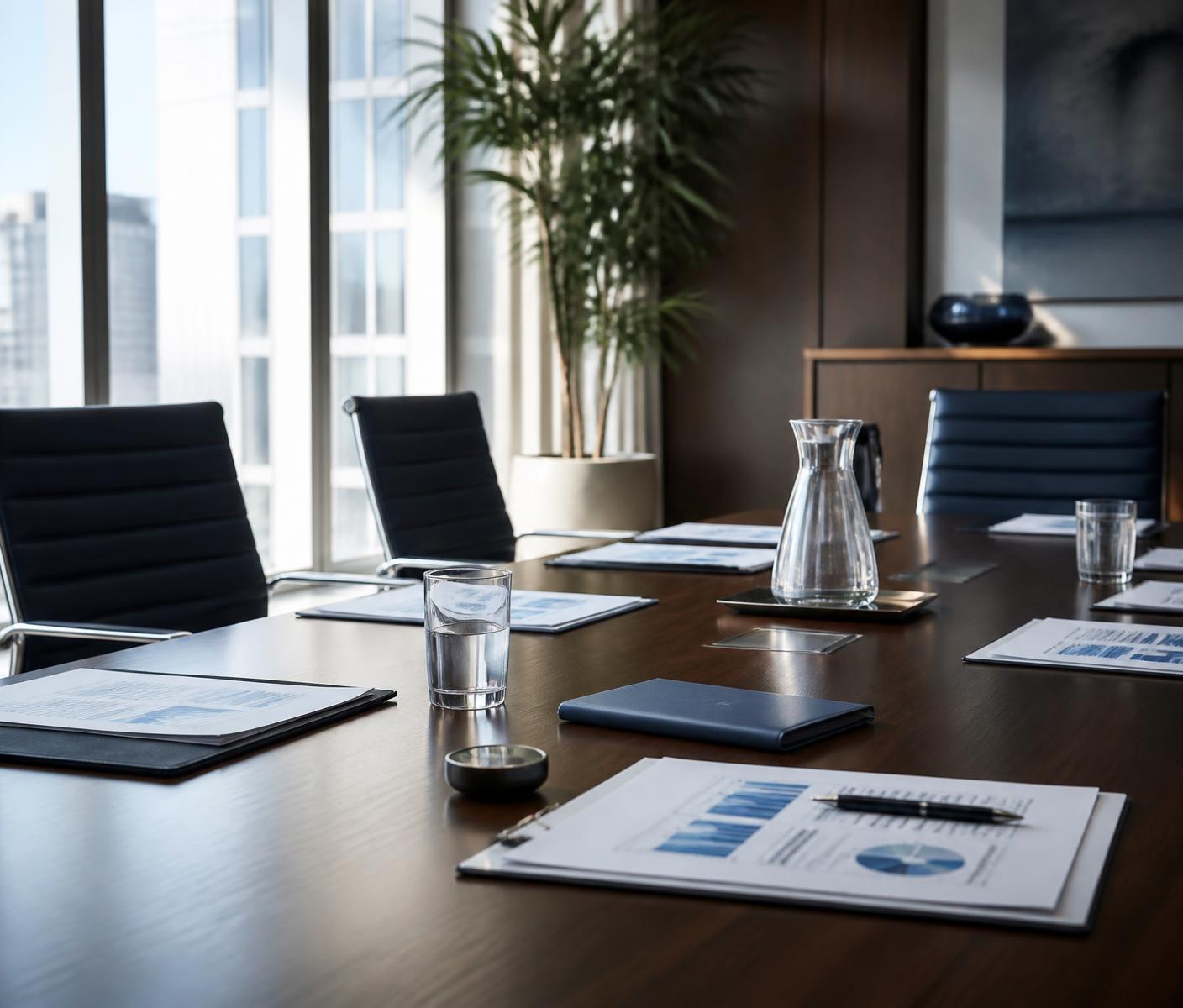 Corporate boardroom with financial analysis documents on the table